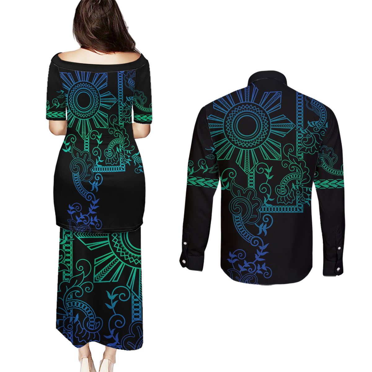 Filipino Sun Tribal Tattoo Couples Matching Puletasi and Long Sleeve Button Shirt Philippines Inspired Barong Blue Art