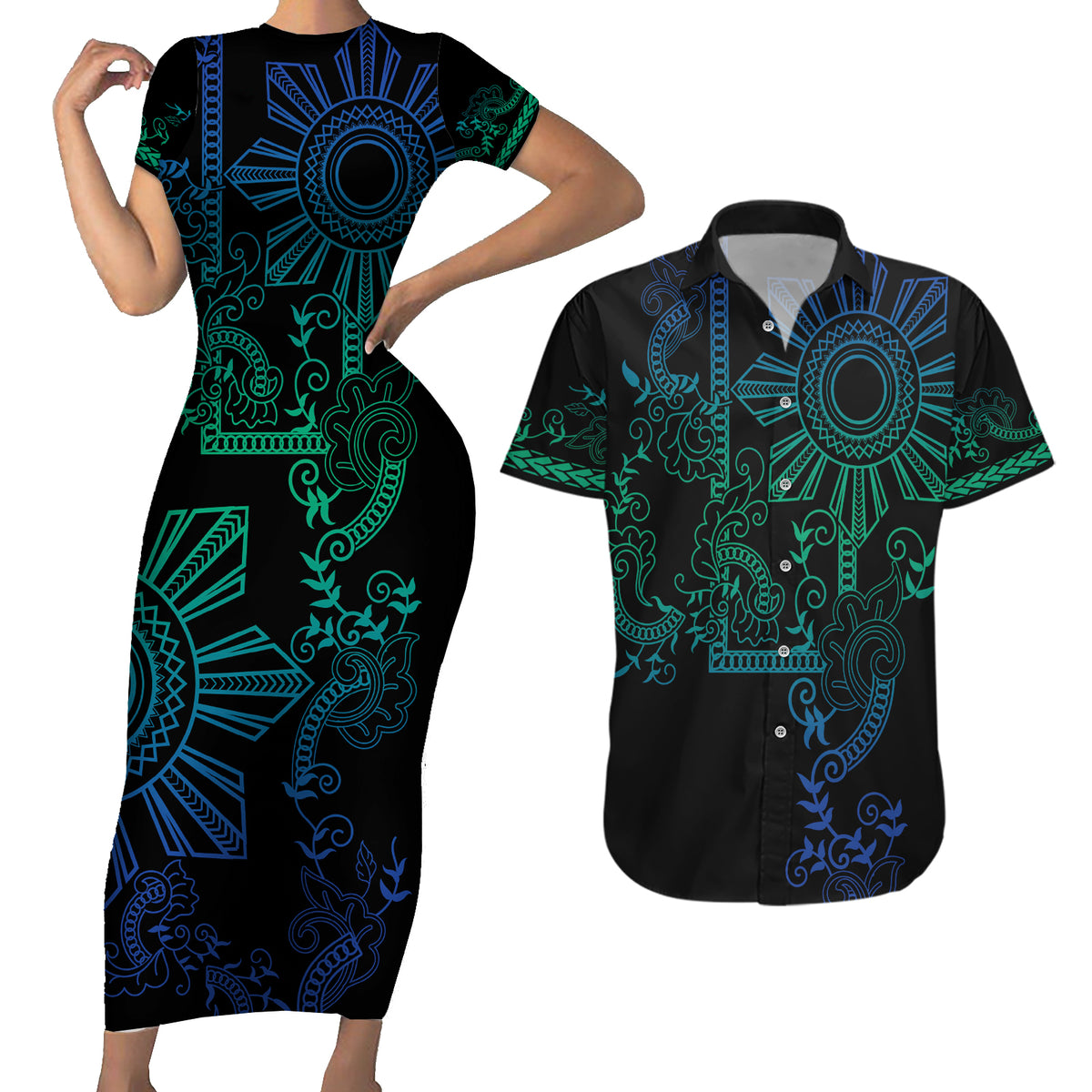 Filipino Sun Tribal Tattoo Couples Matching Short Sleeve Bodycon Dress and Hawaiian Shirt Philippines Inspired Barong Blue Art LT9 Blue - Polynesian Pride