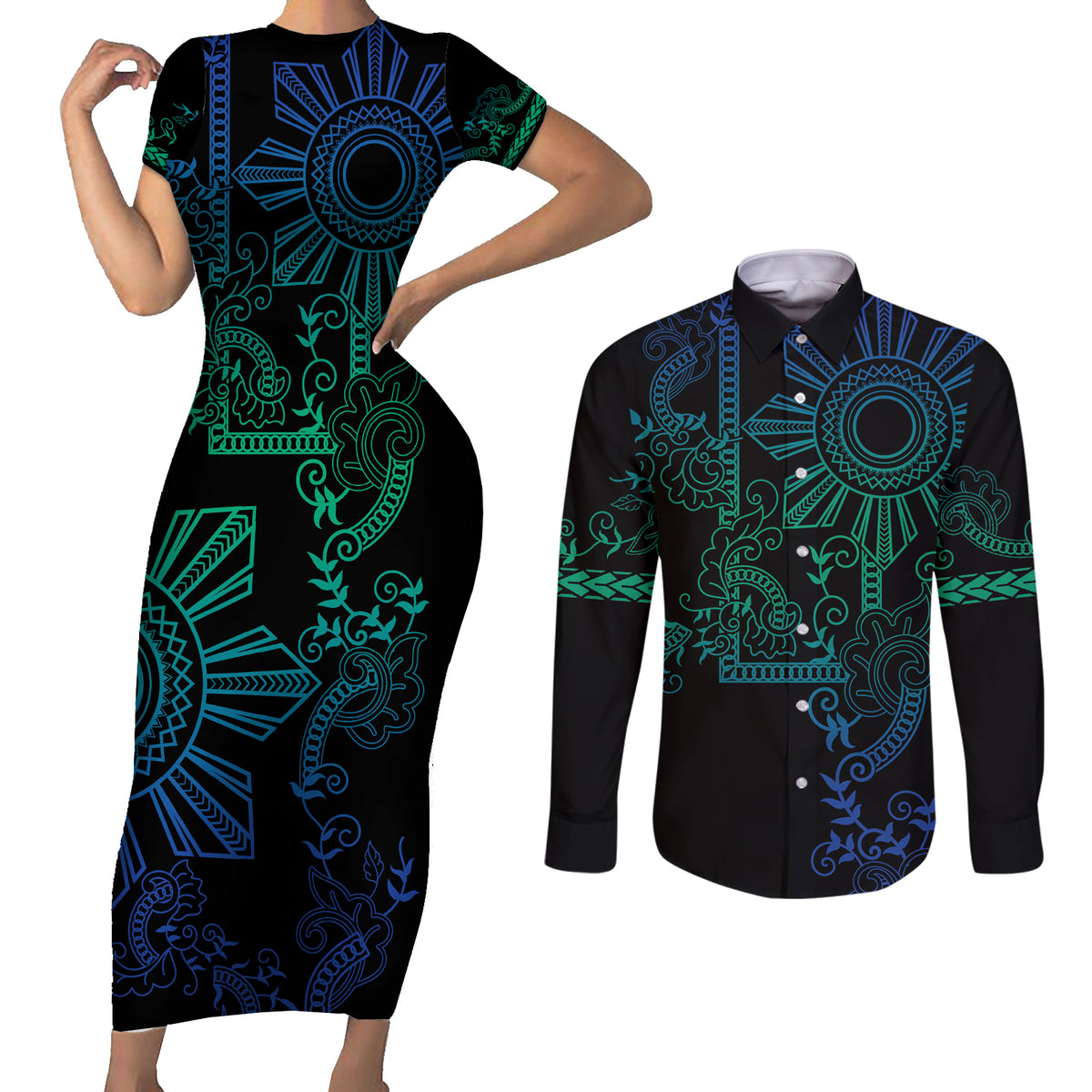 Filipino Sun Tribal Tattoo Couples Matching Short Sleeve Bodycon Dress and Long Sleeve Button Shirt Philippines Inspired Barong Blue Art LT9 Blue - Polynesian Pride