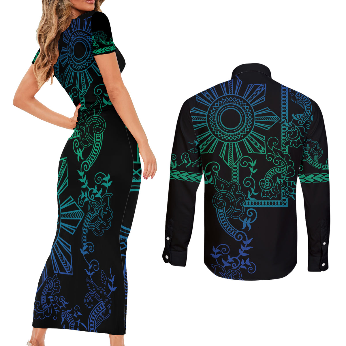 Filipino Sun Tribal Tattoo Couples Matching Short Sleeve Bodycon Dress and Long Sleeve Button Shirt Philippines Inspired Barong Blue Art LT9 - Polynesian Pride