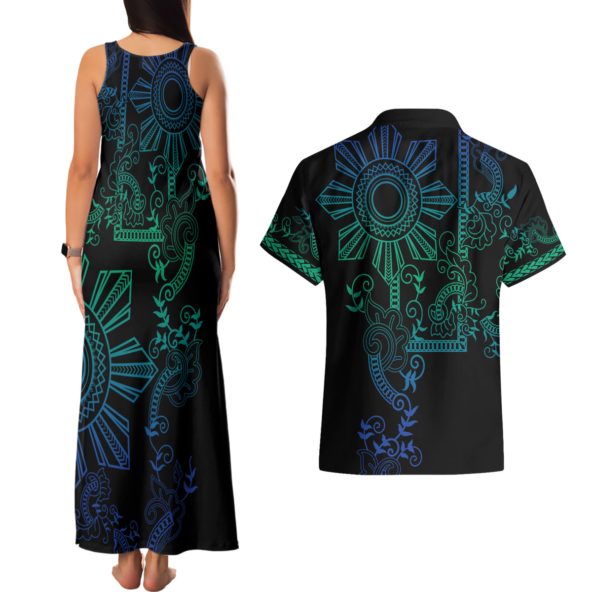 Filipino Sun Tribal Tattoo Couples Matching Tank Maxi Dress and Hawaiian Shirt Philippines Inspired Barong Blue Art LT9 - Polynesian Pride