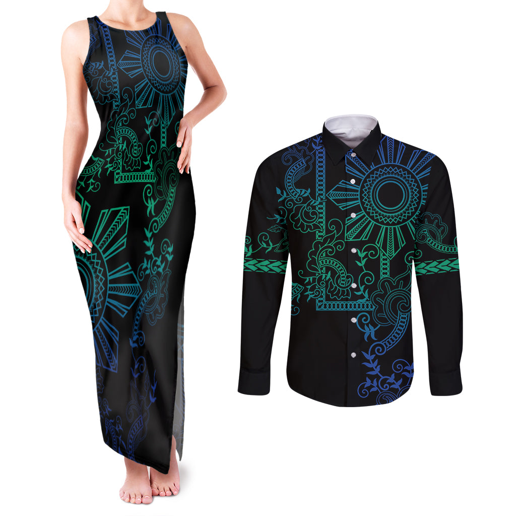 Filipino Sun Tribal Tattoo Couples Matching Tank Maxi Dress and Long Sleeve Button Shirt Philippines Inspired Barong Blue Art LT9 Blue - Polynesian Pride