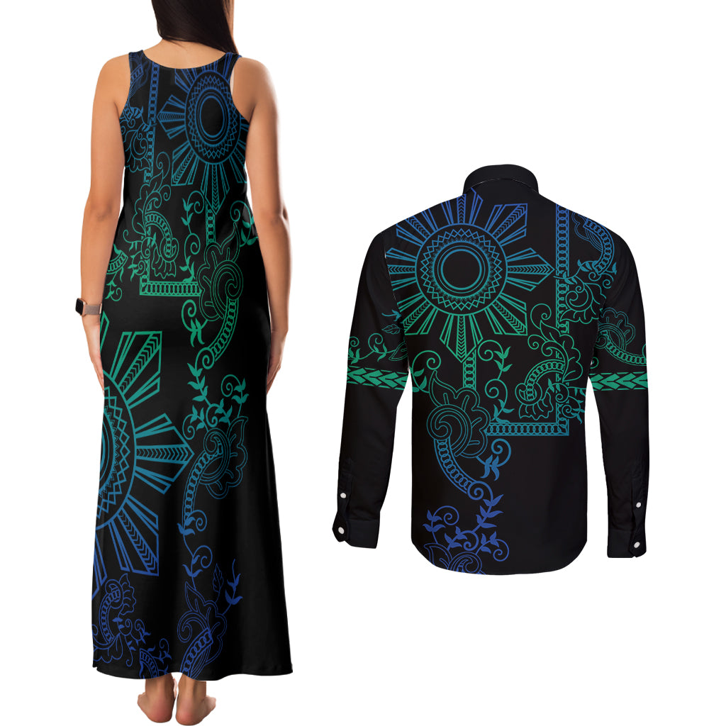 Filipino Sun Tribal Tattoo Couples Matching Tank Maxi Dress and Long Sleeve Button Shirt Philippines Inspired Barong Blue Art LT9 - Polynesian Pride