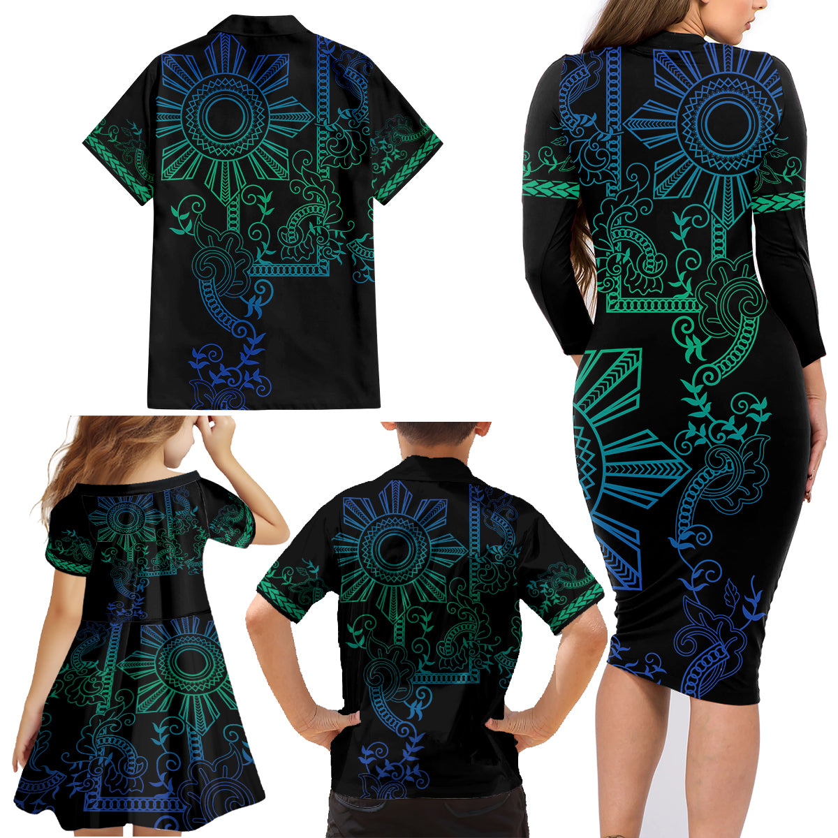 Filipino Sun Tribal Tattoo Family Matching Long Sleeve Bodycon Dress and Hawaiian Shirt Philippines Inspired Barong Blue Art LT9 - Polynesian Pride