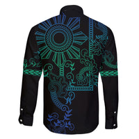 Filipino Sun Tribal Tattoo Family Matching Long Sleeve Bodycon Dress and Hawaiian Shirt Philippines Inspired Barong Blue Art LT9 - Polynesian Pride