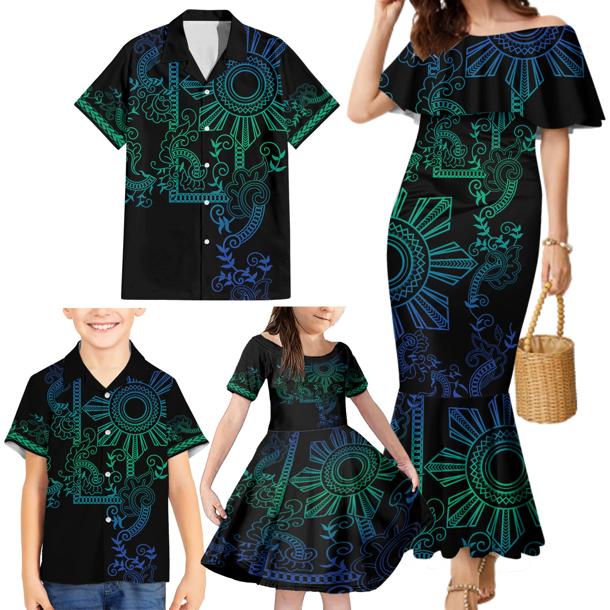 Filipino Sun Tribal Tattoo Family Matching Mermaid Dress and Hawaiian Shirt Philippines Inspired Barong Blue Art LT9 - Polynesian Pride