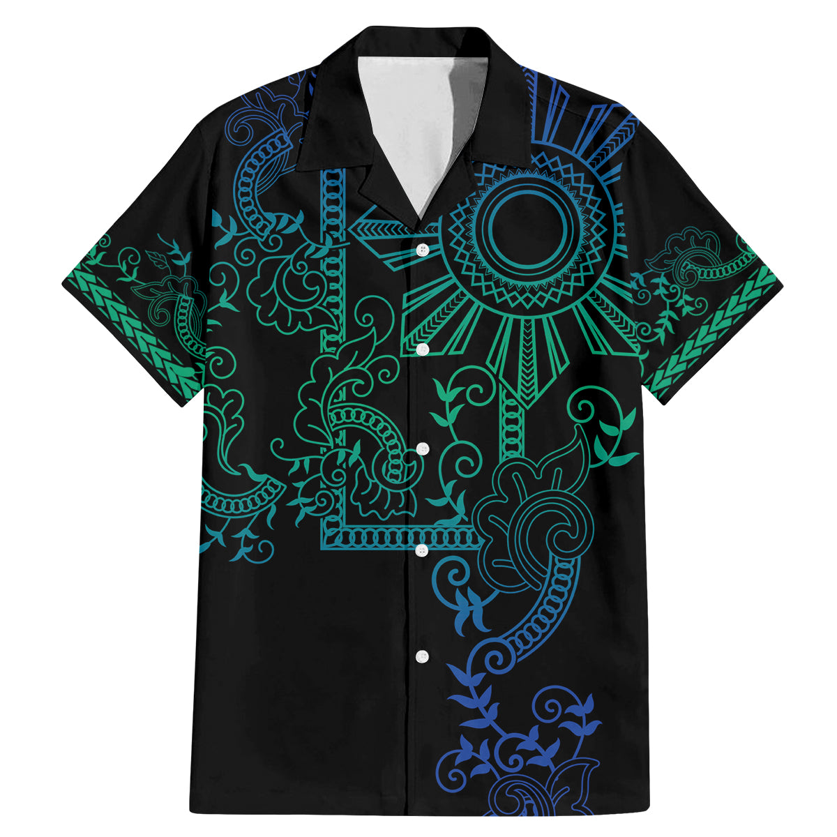 Filipino Sun Tribal Tattoo Family Matching Mermaid Dress and Hawaiian Shirt Philippines Inspired Barong Blue Art LT9 Dad's Shirt - Short Sleeve Blue - Polynesian Pride