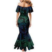 Filipino Sun Tribal Tattoo Family Matching Mermaid Dress and Hawaiian Shirt Philippines Inspired Barong Blue Art LT9 - Polynesian Pride