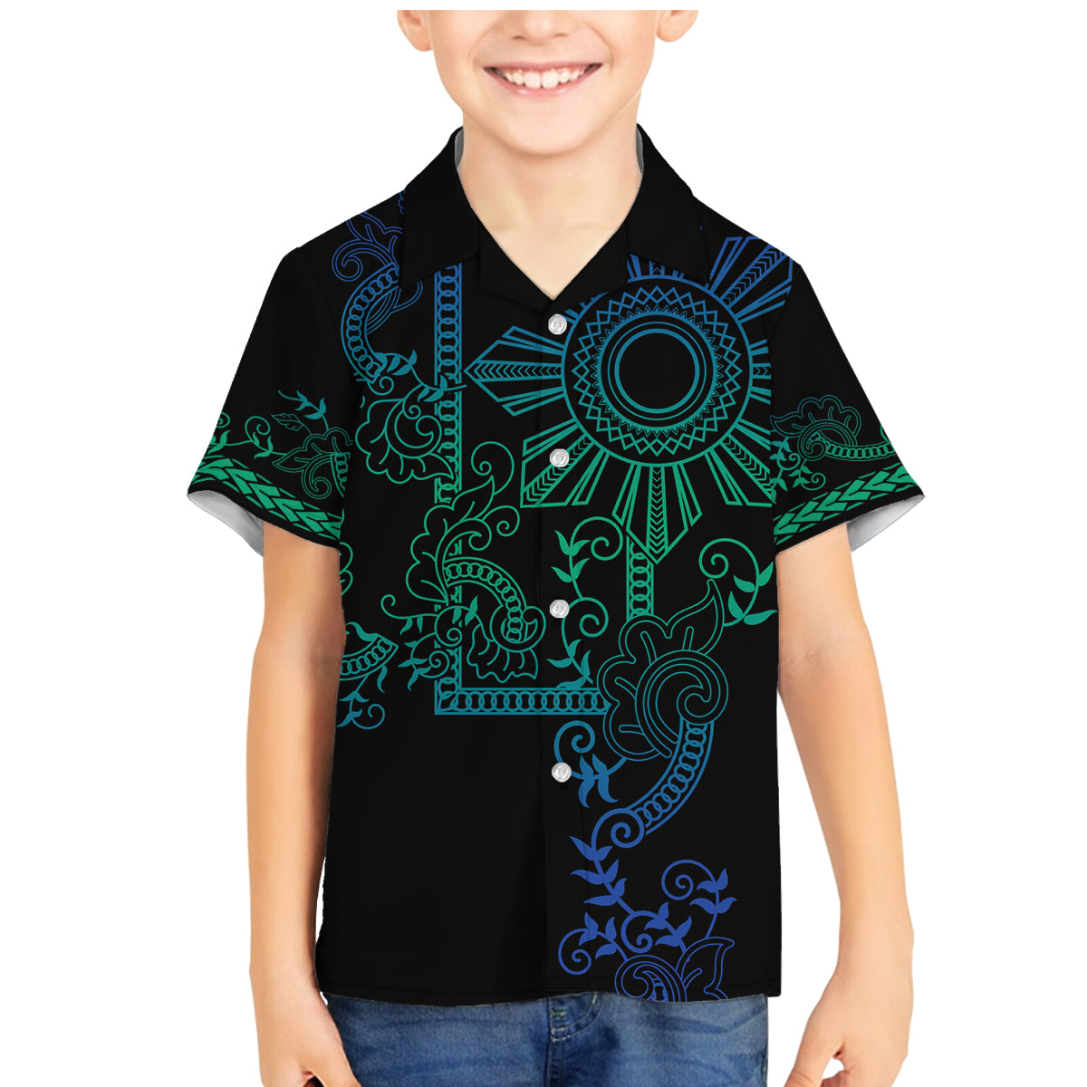 Filipino Sun Tribal Tattoo Family Matching Mermaid Dress and Hawaiian Shirt Philippines Inspired Barong Blue Art LT9 Son's Shirt Blue - Polynesian Pride