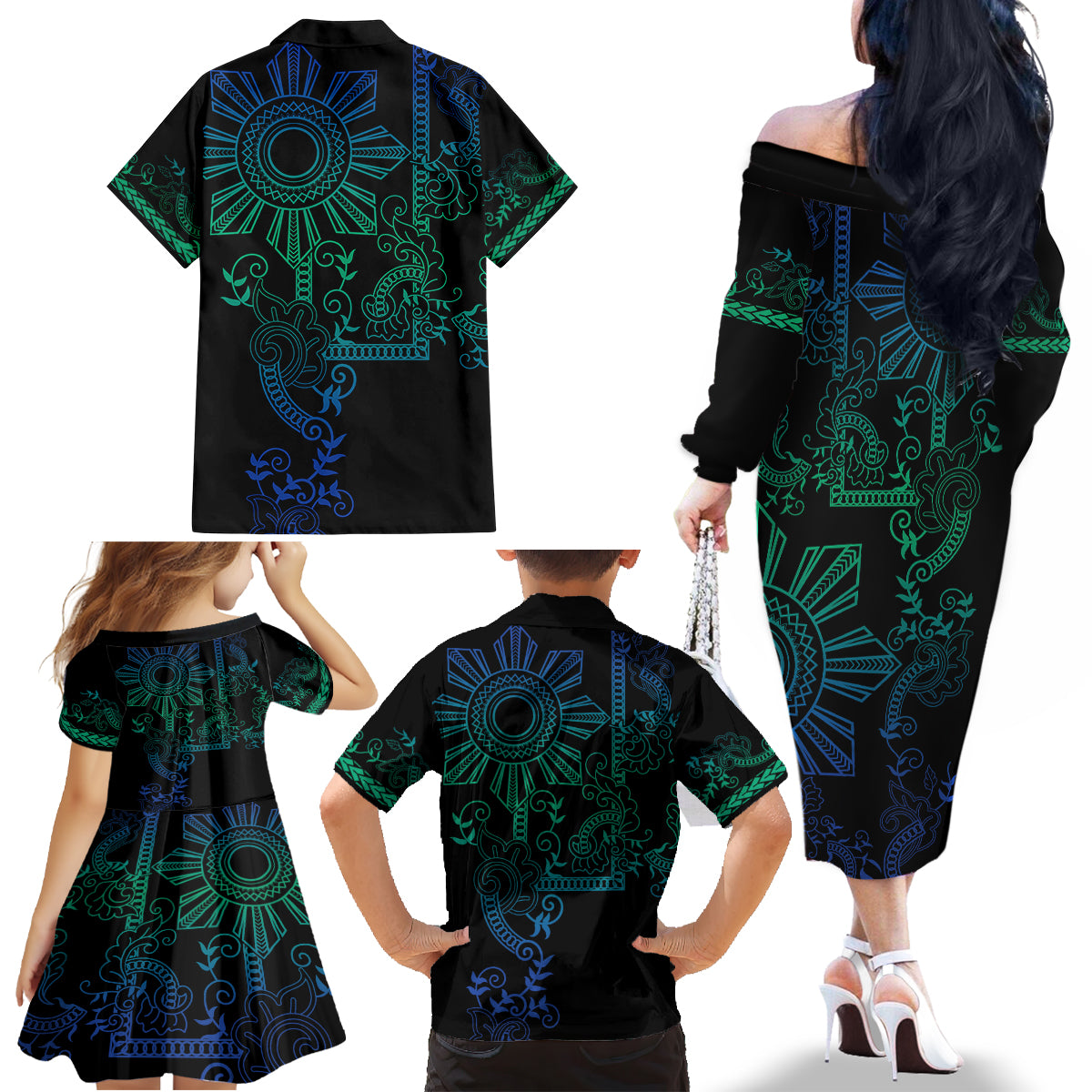Filipino Sun Tribal Tattoo Family Matching Off The Shoulder Long Sleeve Dress and Hawaiian Shirt Philippines Inspired Barong Blue Art LT9 - Polynesian Pride
