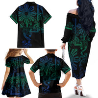 Filipino Sun Tribal Tattoo Family Matching Off The Shoulder Long Sleeve Dress and Hawaiian Shirt Philippines Inspired Barong Blue Art LT9 - Polynesian Pride