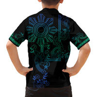 Filipino Sun Tribal Tattoo Family Matching Off Shoulder Maxi Dress and Hawaiian Shirt Philippines Inspired Barong Blue Art LT9 - Polynesian Pride