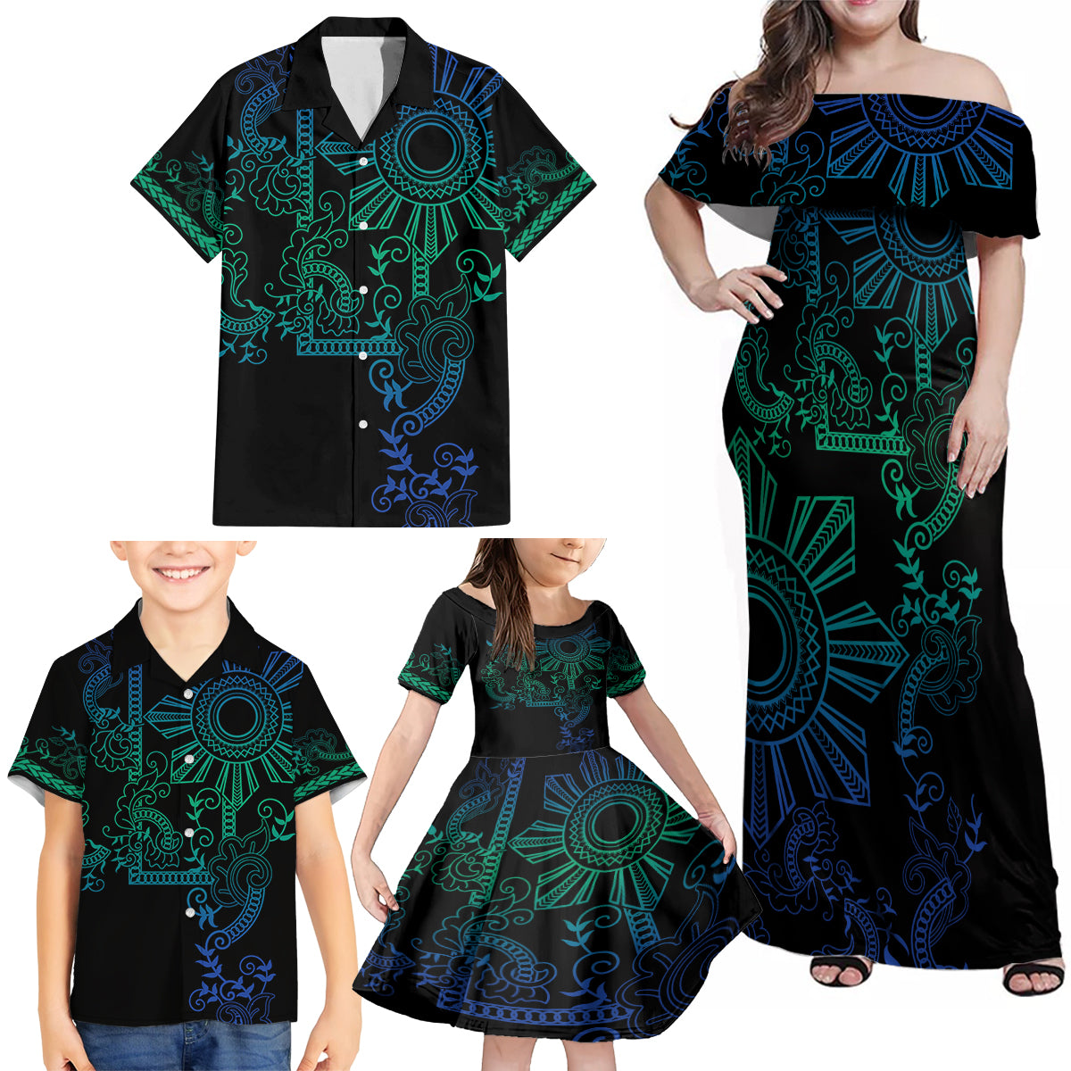 Filipino Sun Tribal Tattoo Family Matching Off Shoulder Maxi Dress and Hawaiian Shirt Philippines Inspired Barong Blue Art LT9 - Polynesian Pride