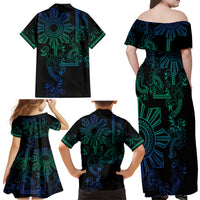Filipino Sun Tribal Tattoo Family Matching Off Shoulder Maxi Dress and Hawaiian Shirt Philippines Inspired Barong Blue Art LT9 - Polynesian Pride