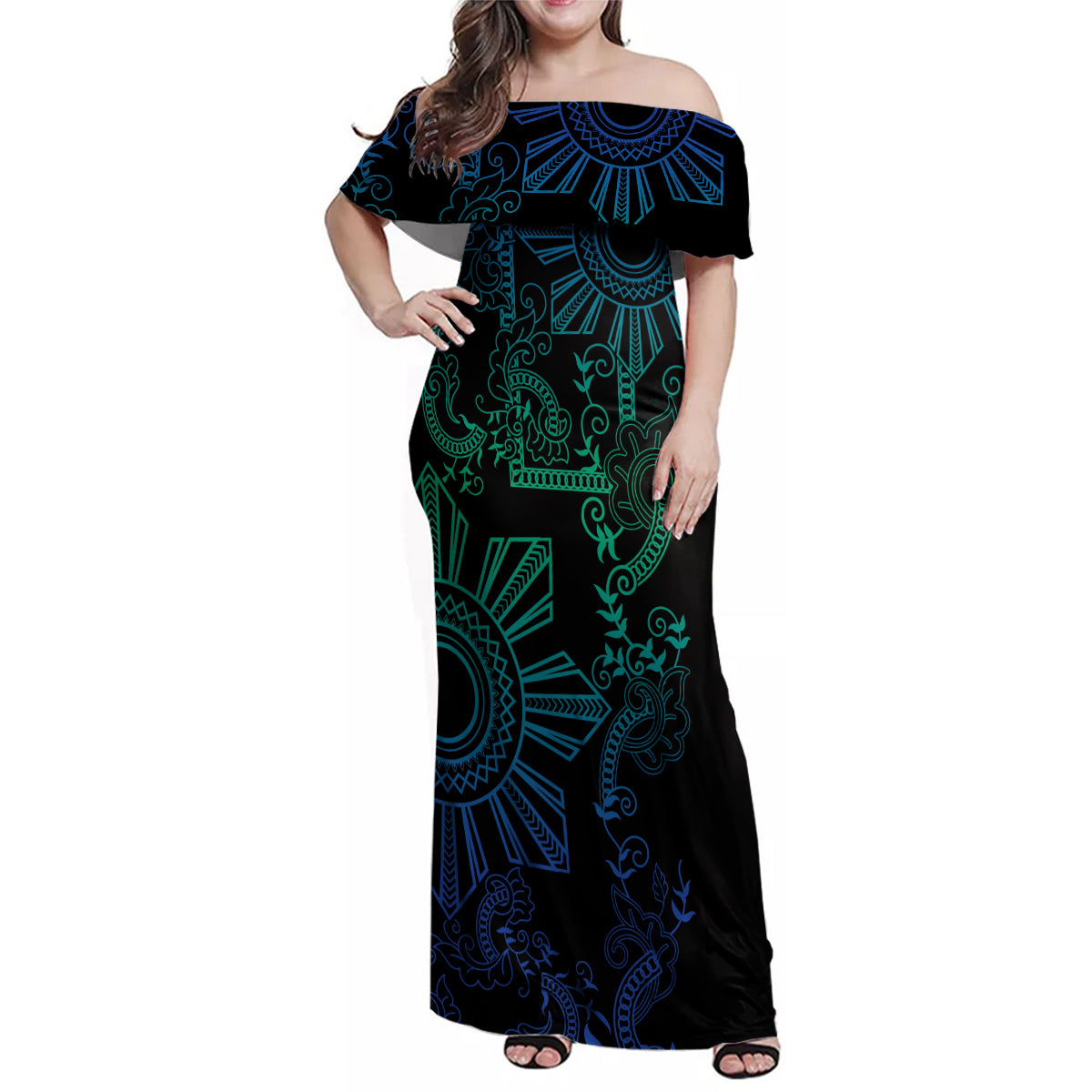 Filipino Sun Tribal Tattoo Family Matching Off Shoulder Maxi Dress and Hawaiian Shirt Philippines Inspired Barong Blue Art LT9 Mom's Dress Blue - Polynesian Pride