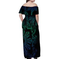 Filipino Sun Tribal Tattoo Family Matching Off Shoulder Maxi Dress and Hawaiian Shirt Philippines Inspired Barong Blue Art LT9 - Polynesian Pride