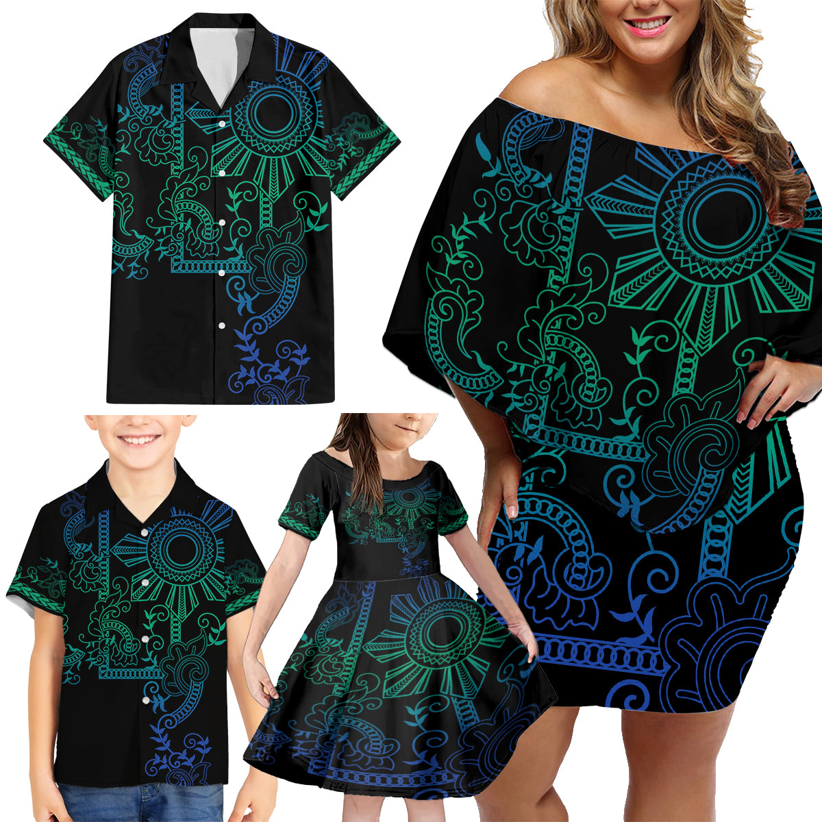 Filipino Sun Tribal Tattoo Family Matching Off Shoulder Short Dress and Hawaiian Shirt Philippines Inspired Barong Blue Art LT9 - Polynesian Pride