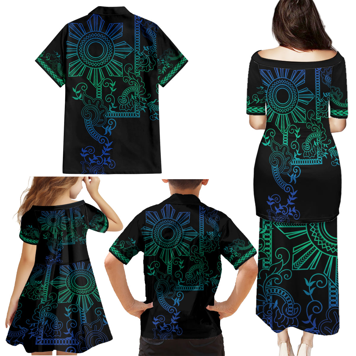 Filipino Sun Tribal Tattoo Family Matching Puletasi and Hawaiian Shirt Philippines Inspired Barong Blue Art LT9 - Polynesian Pride
