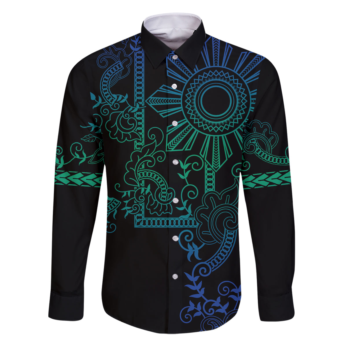 Filipino Sun Tribal Tattoo Family Matching Puletasi and Hawaiian Shirt Philippines Inspired Barong Blue Art LT9 Dad's Shirt - Long Sleeve Blue - Polynesian Pride
