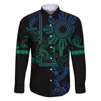 Filipino Sun Tribal Tattoo Family Matching Puletasi and Hawaiian Shirt Philippines Inspired Barong Blue Art LT9 Dad's Shirt - Long Sleeve Blue - Polynesian Pride