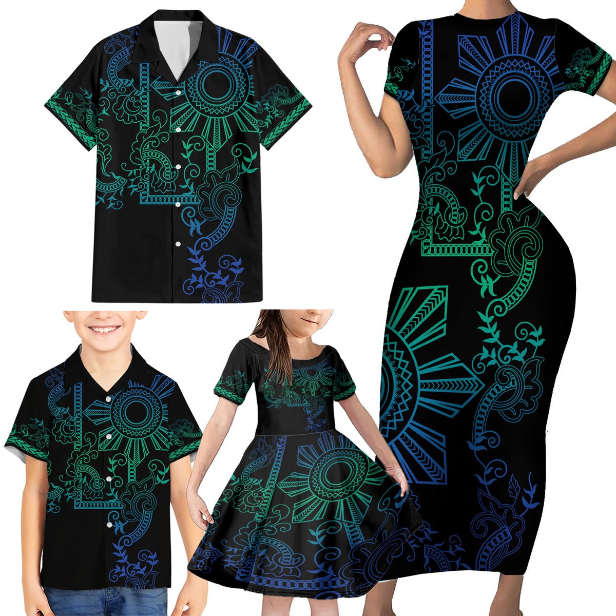 Filipino Sun Tribal Tattoo Family Matching Short Sleeve Bodycon Dress and Hawaiian Shirt Philippines Inspired Barong Blue Art LT9 - Polynesian Pride