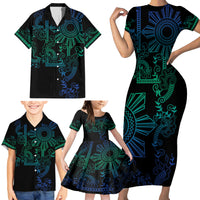 Filipino Sun Tribal Tattoo Family Matching Short Sleeve Bodycon Dress and Hawaiian Shirt Philippines Inspired Barong Blue Art LT9 - Polynesian Pride