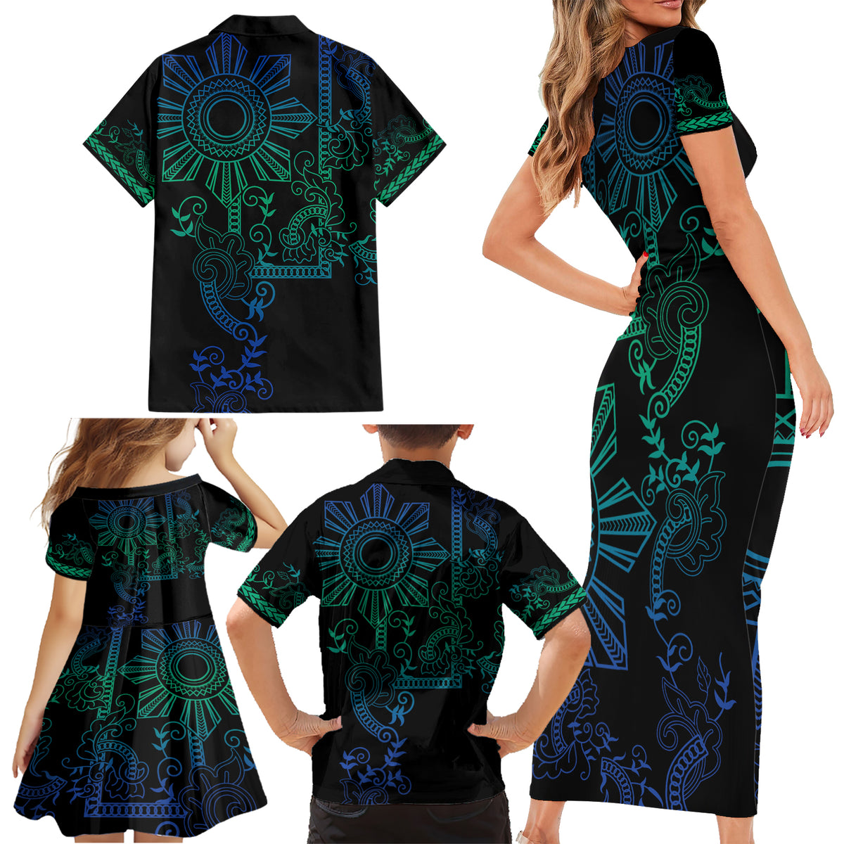 Filipino Sun Tribal Tattoo Family Matching Short Sleeve Bodycon Dress and Hawaiian Shirt Philippines Inspired Barong Blue Art LT9 - Polynesian Pride