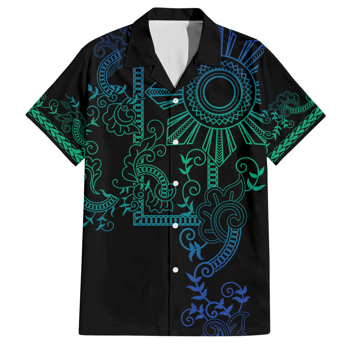 Filipino Sun Tribal Tattoo Family Matching Short Sleeve Bodycon Dress and Hawaiian Shirt Philippines Inspired Barong Blue Art LT9 Dad's Shirt - Short Sleeve Blue - Polynesian Pride