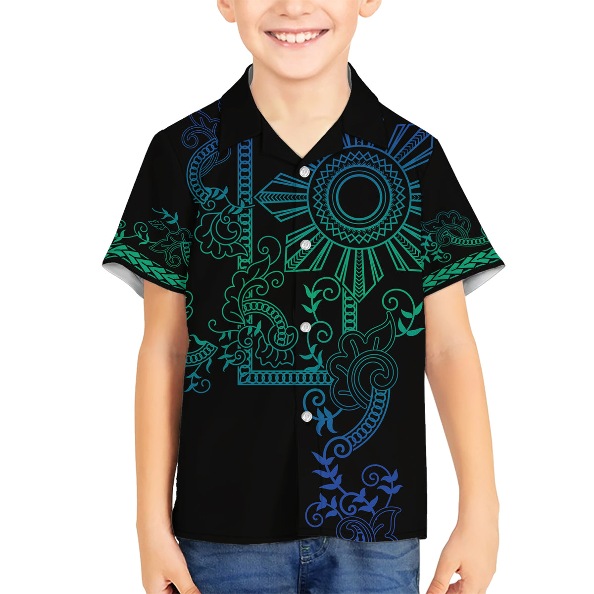 Filipino Sun Tribal Tattoo Family Matching Short Sleeve Bodycon Dress and Hawaiian Shirt Philippines Inspired Barong Blue Art LT9 Son's Shirt Blue - Polynesian Pride