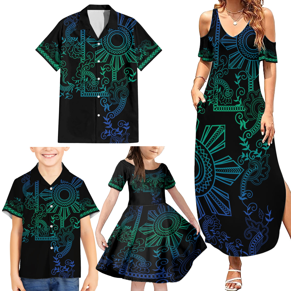 Filipino Sun Tribal Tattoo Family Matching Summer Maxi Dress and Hawaiian Shirt Philippines Inspired Barong Blue Art LT9 - Polynesian Pride