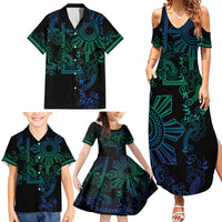 Filipino Sun Tribal Tattoo Family Matching Summer Maxi Dress and Hawaiian Shirt Philippines Inspired Barong Blue Art LT9 - Polynesian Pride