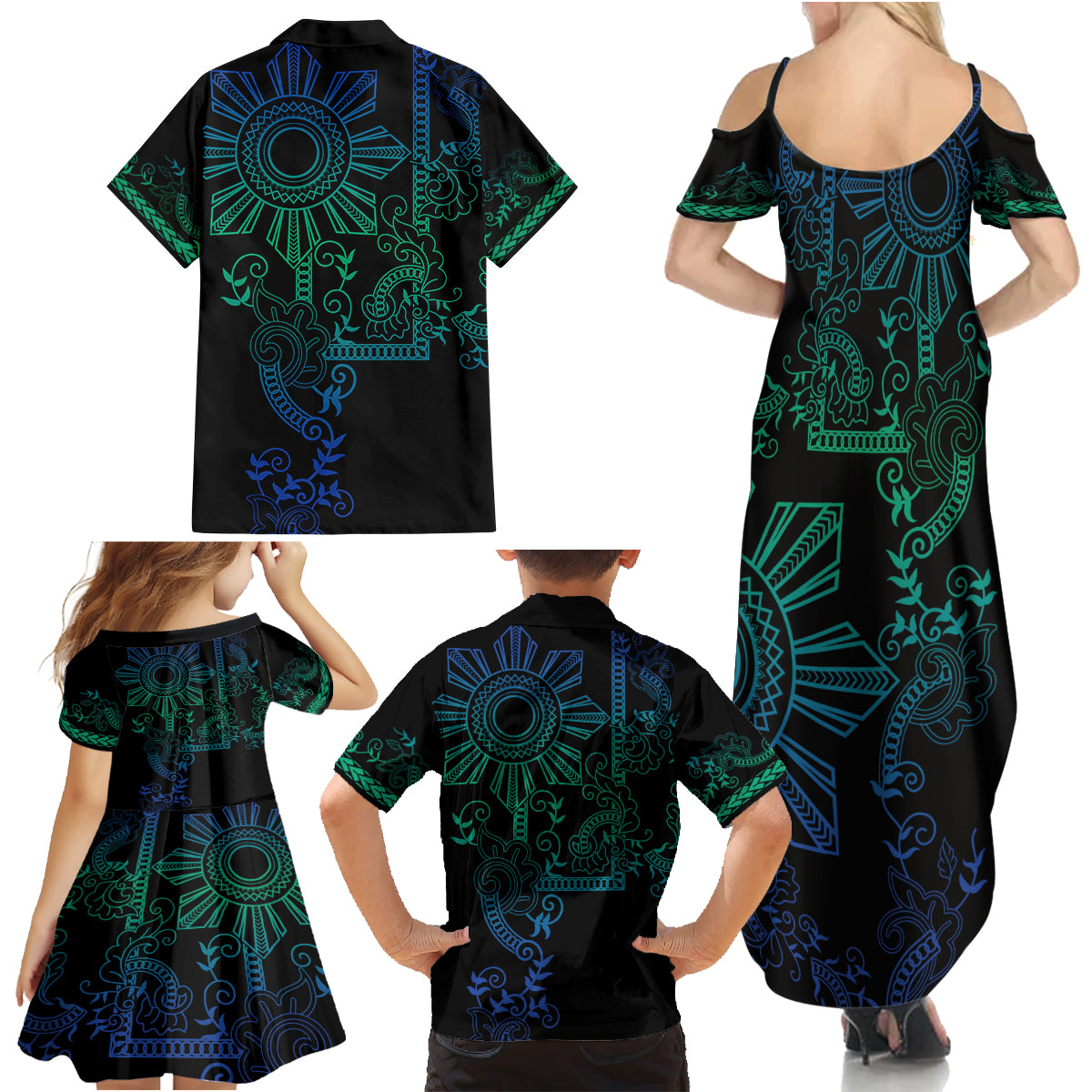 Filipino Sun Tribal Tattoo Family Matching Summer Maxi Dress and Hawaiian Shirt Philippines Inspired Barong Blue Art LT9 - Polynesian Pride