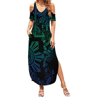 Filipino Sun Tribal Tattoo Family Matching Summer Maxi Dress and Hawaiian Shirt Philippines Inspired Barong Blue Art LT9 Mom's Dress Blue - Polynesian Pride