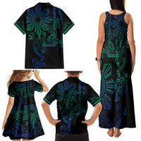 Filipino Sun Tribal Tattoo Family Matching Tank Maxi Dress and Hawaiian Shirt Philippines Inspired Barong Blue Art LT9 - Polynesian Pride