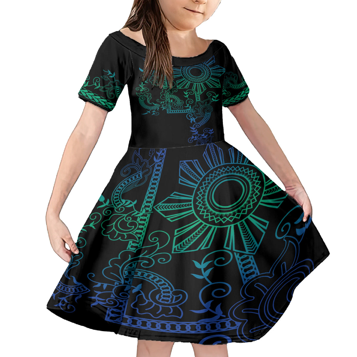 Filipino Sun Tribal Tattoo Kid Short Sleeve Dress Philippines Inspired Barong Blue Art