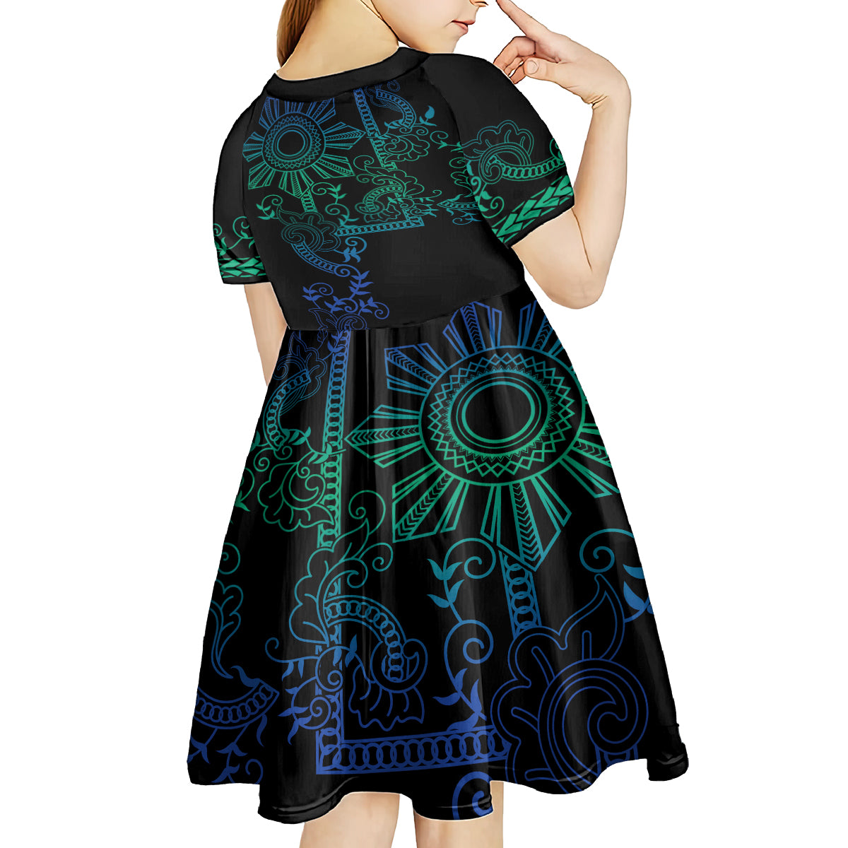 Filipino Sun Tribal Tattoo Kid Short Sleeve Dress Philippines Inspired Barong Blue Art