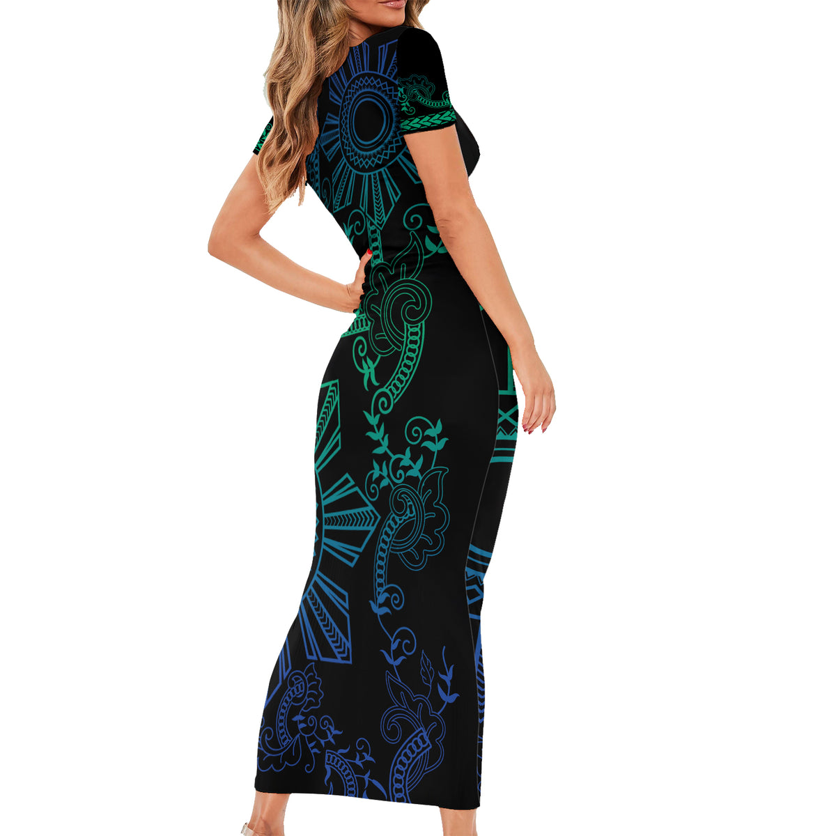 Filipino Sun Tribal Tattoo Short Sleeve Bodycon Dress Philippines Inspired Barong Blue Art