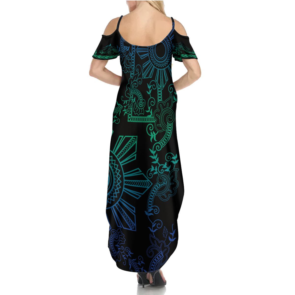 Filipino Sun Tribal Tattoo Summer Maxi Dress Philippines Inspired Barong Blue Art