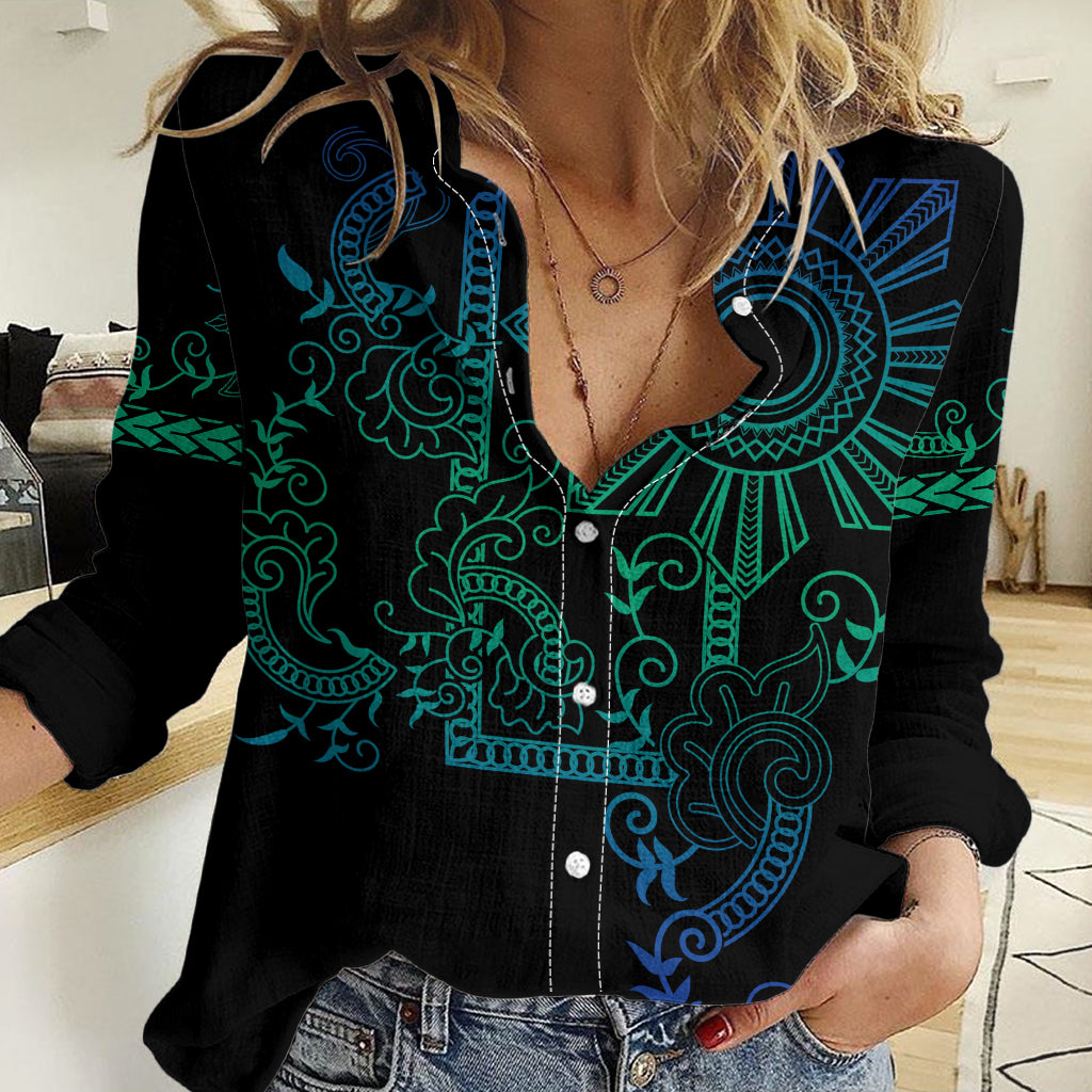 Filipino Sun Tribal Tattoo Women Casual Shirt Philippines Inspired Barong Blue Art