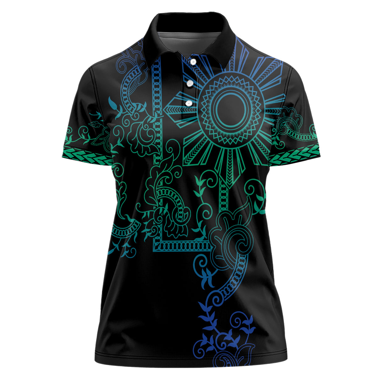 Filipino Sun Tribal Tattoo Women Polo Shirt Philippines Inspired Barong Blue Art LT9 Female Blue - Polynesian Pride