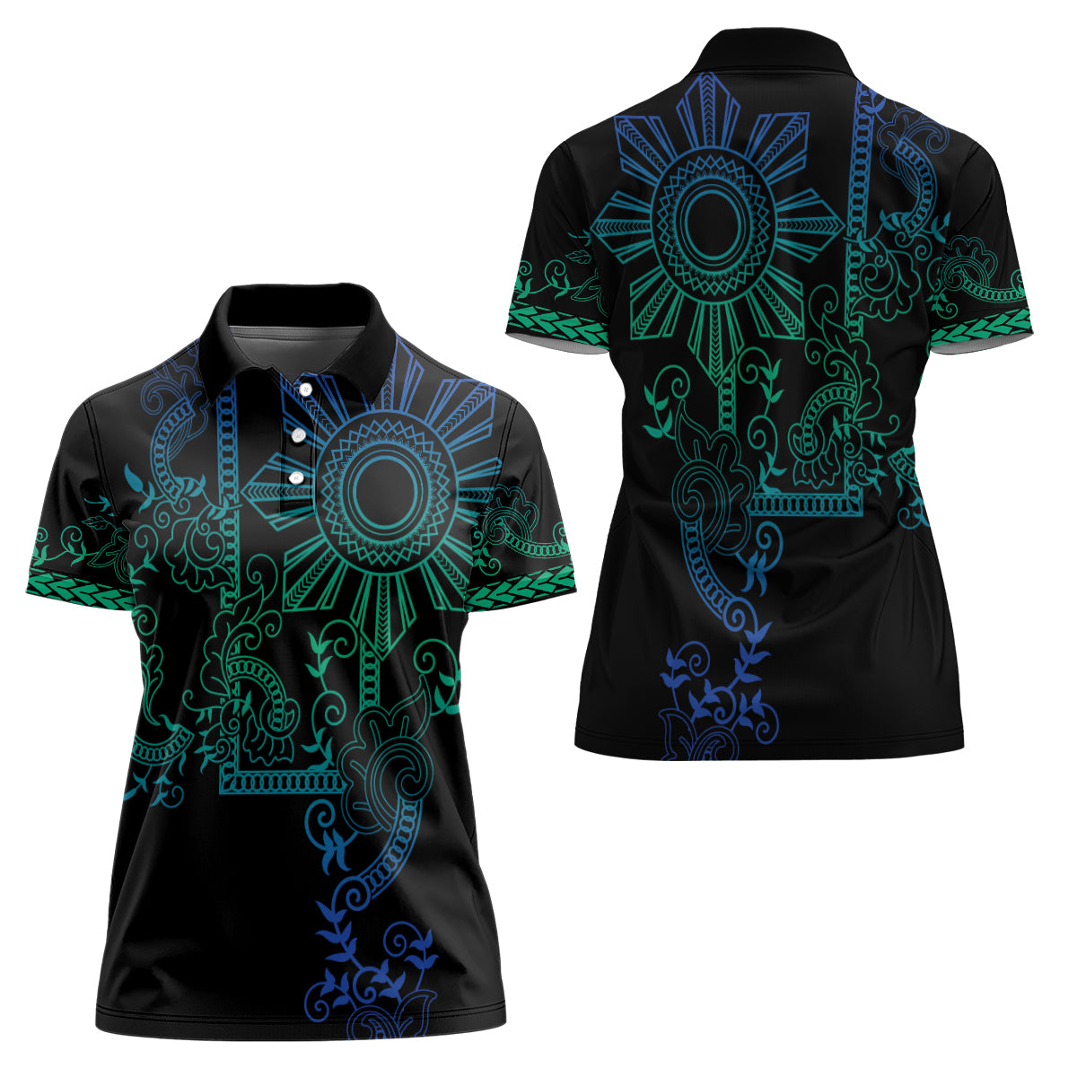 Filipino Sun Tribal Tattoo Women Polo Shirt Philippines Inspired Barong Blue Art LT9 - Polynesian Pride