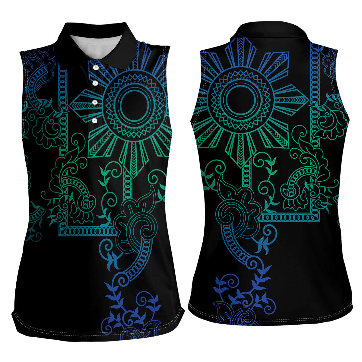 Filipino Sun Tribal Tattoo Women Sleeveless Polo Shirt Philippines Inspired Barong Blue Art LT9 - Polynesian Pride