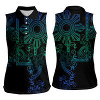 Filipino Sun Tribal Tattoo Women Sleeveless Polo Shirt Philippines Inspired Barong Blue Art LT9 - Polynesian Pride