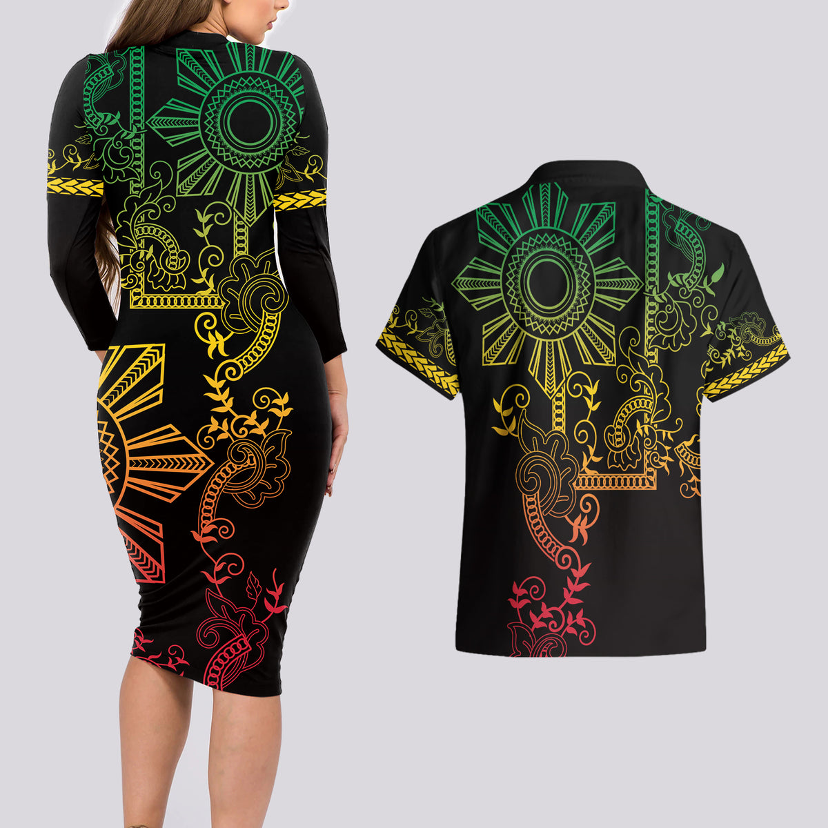 Filipino Sun Tribal Tattoo Couples Matching Long Sleeve Bodycon Dress and Hawaiian Shirt Philippines Inspired Barong Reggae Art LT9 - Polynesian Pride