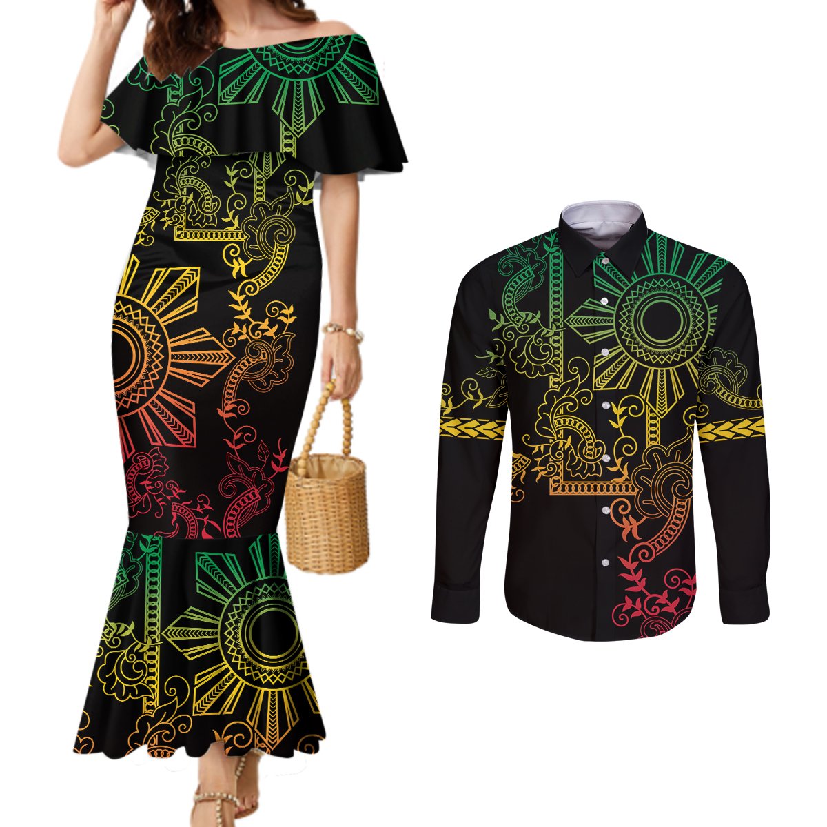 Filipino Sun Tribal Tattoo Couples Matching Mermaid Dress and Long Sleeve Button Shirt Philippines Inspired Barong Reggae Art