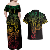 Filipino Sun Tribal Tattoo Couples Matching Off Shoulder Maxi Dress and Hawaiian Shirt Philippines Inspired Barong Reggae Art LT9 - Polynesian Pride