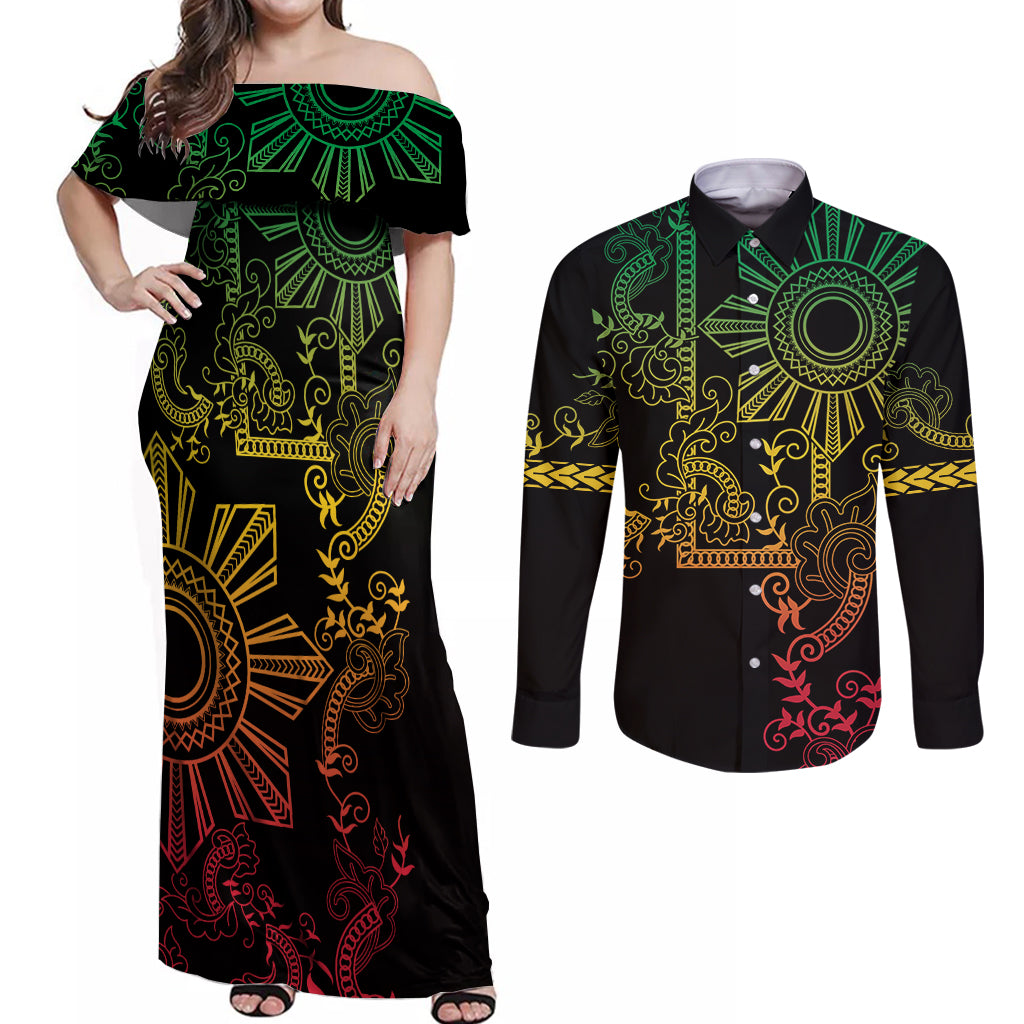 Filipino Sun Tribal Tattoo Couples Matching Off Shoulder Maxi Dress and Long Sleeve Button Shirt Philippines Inspired Barong Reggae Art LT9 Reggae - Polynesian Pride