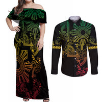 Filipino Sun Tribal Tattoo Couples Matching Off Shoulder Maxi Dress and Long Sleeve Button Shirt Philippines Inspired Barong Reggae Art LT9 Reggae - Polynesian Pride