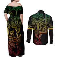 Filipino Sun Tribal Tattoo Couples Matching Off Shoulder Maxi Dress and Long Sleeve Button Shirt Philippines Inspired Barong Reggae Art LT9 - Polynesian Pride