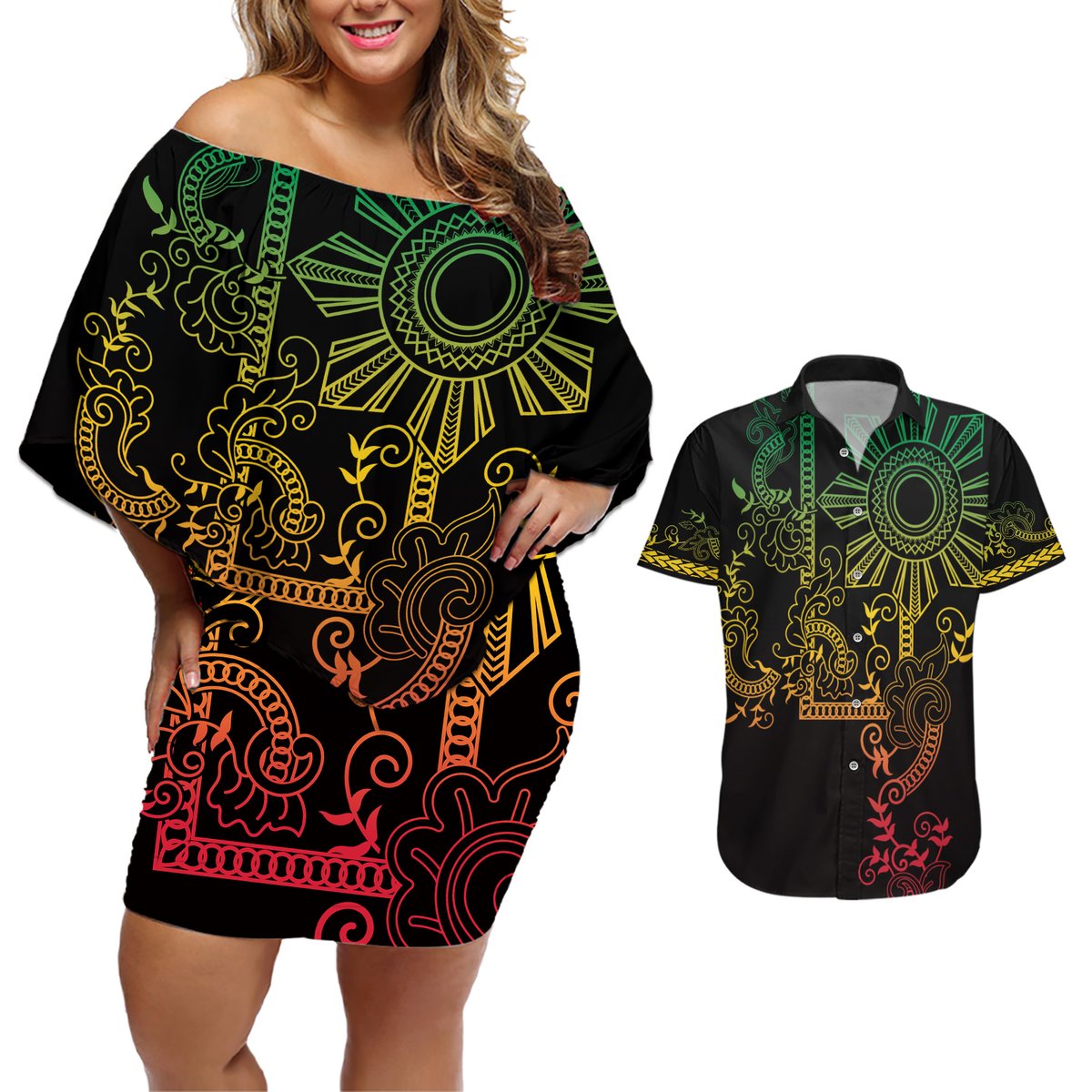 Filipino Sun Tribal Tattoo Couples Matching Off Shoulder Short Dress and Hawaiian Shirt Philippines Inspired Barong Reggae Art LT9 Reggae - Polynesian Pride